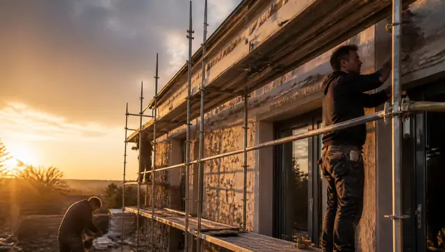 Artisans sur un chantier de rénovation au coucher du soleil